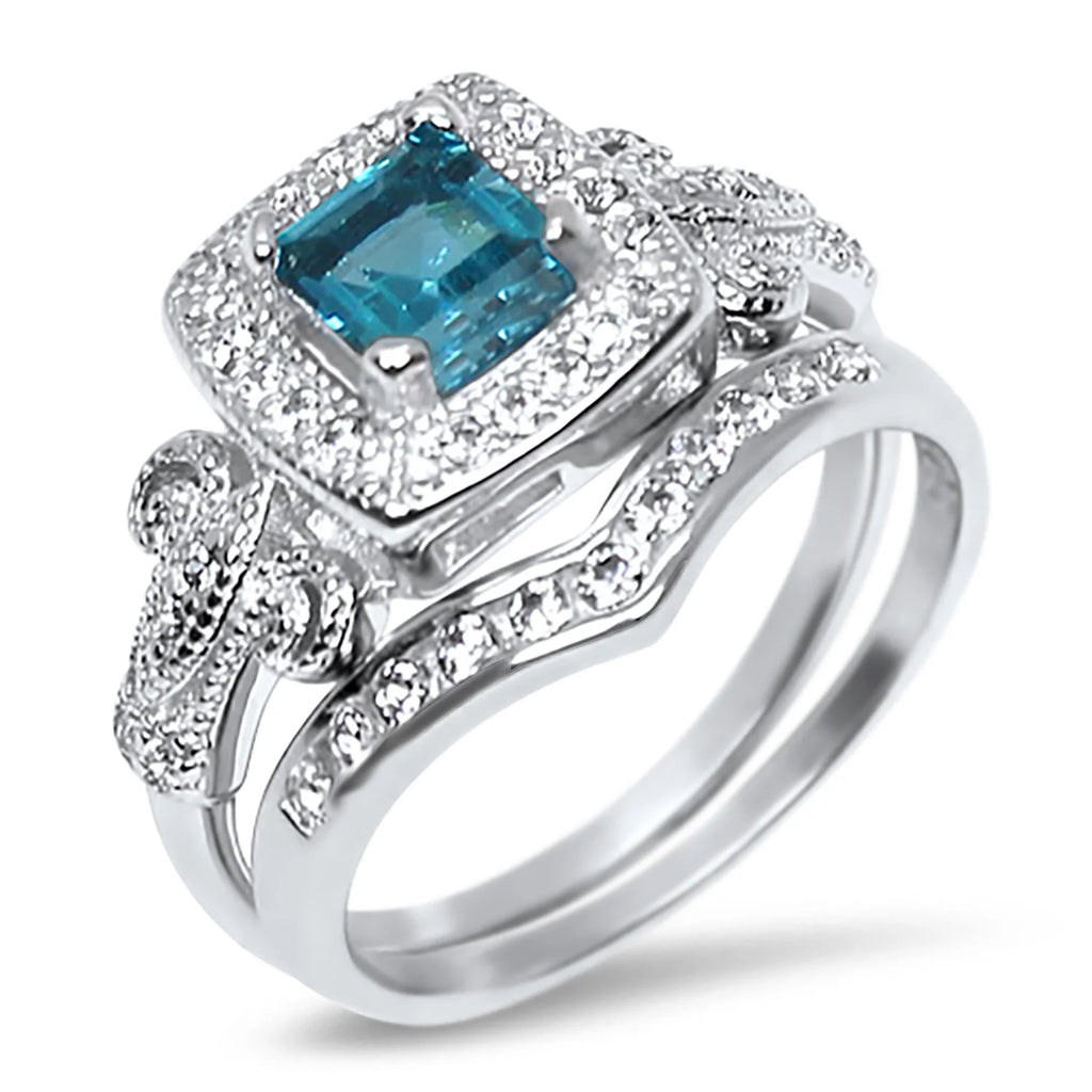 Vintage Blue Topaz Silver Wedding Engagement Ring Set Z793484