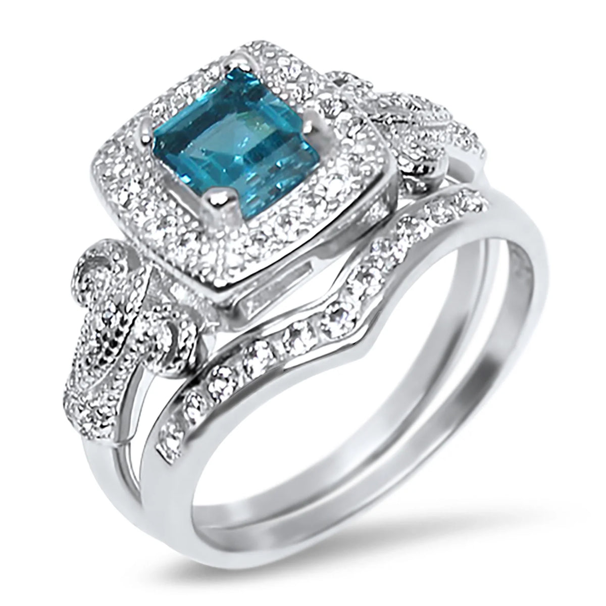 Vintage Blue Topaz Silver Wedding Engagement Ring Set Z793484