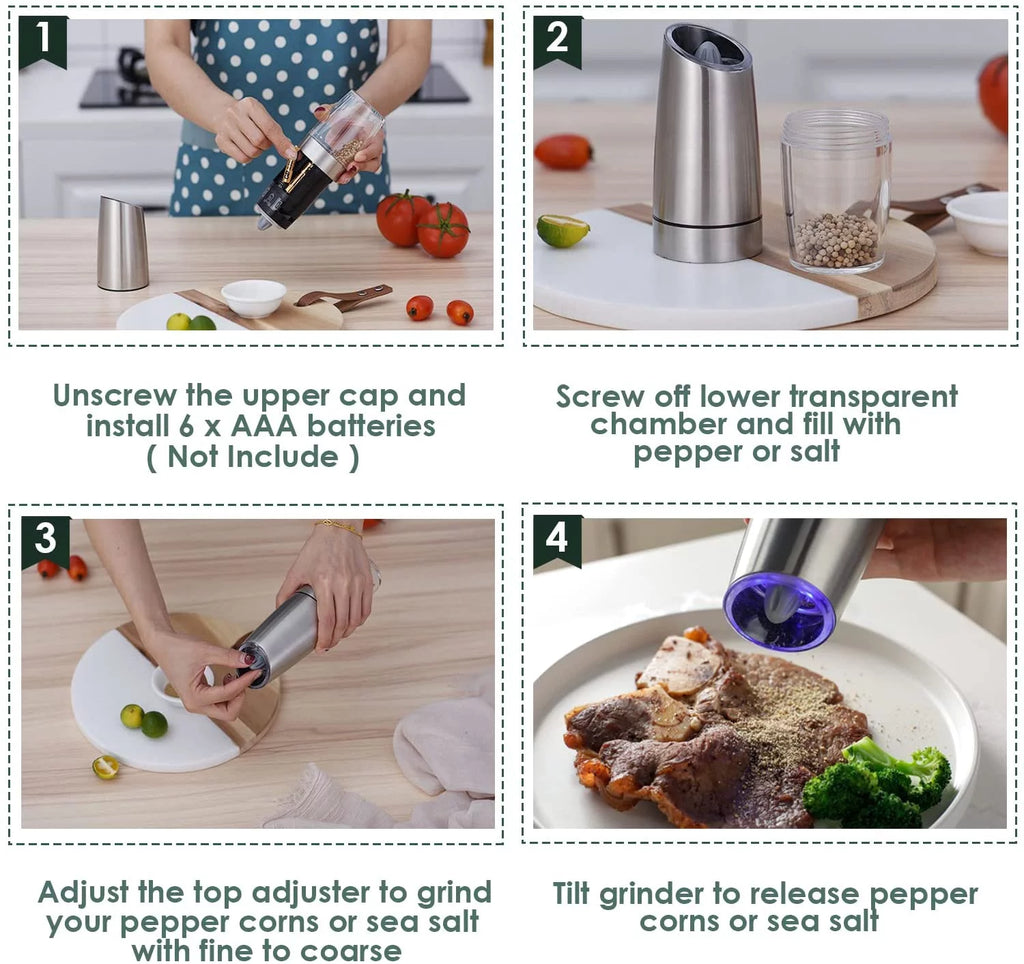 2 Pcs Electric Salt and Pepper Grinder Set Battery Operated Stainless Steel T685