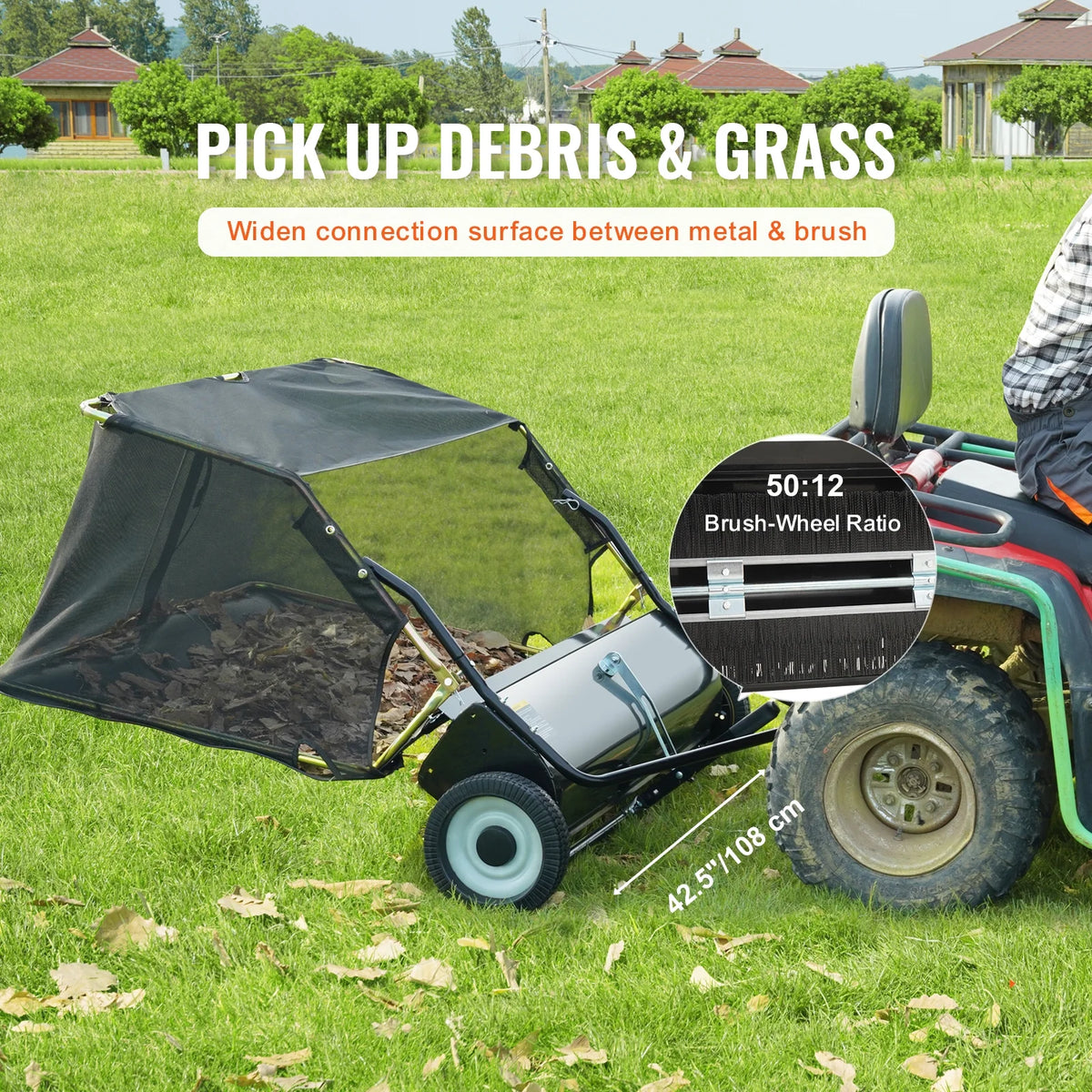 Tow Behind Lawn Sweeper 44 Inch, 25 cu. ft Leaf & Grass Collector E183154