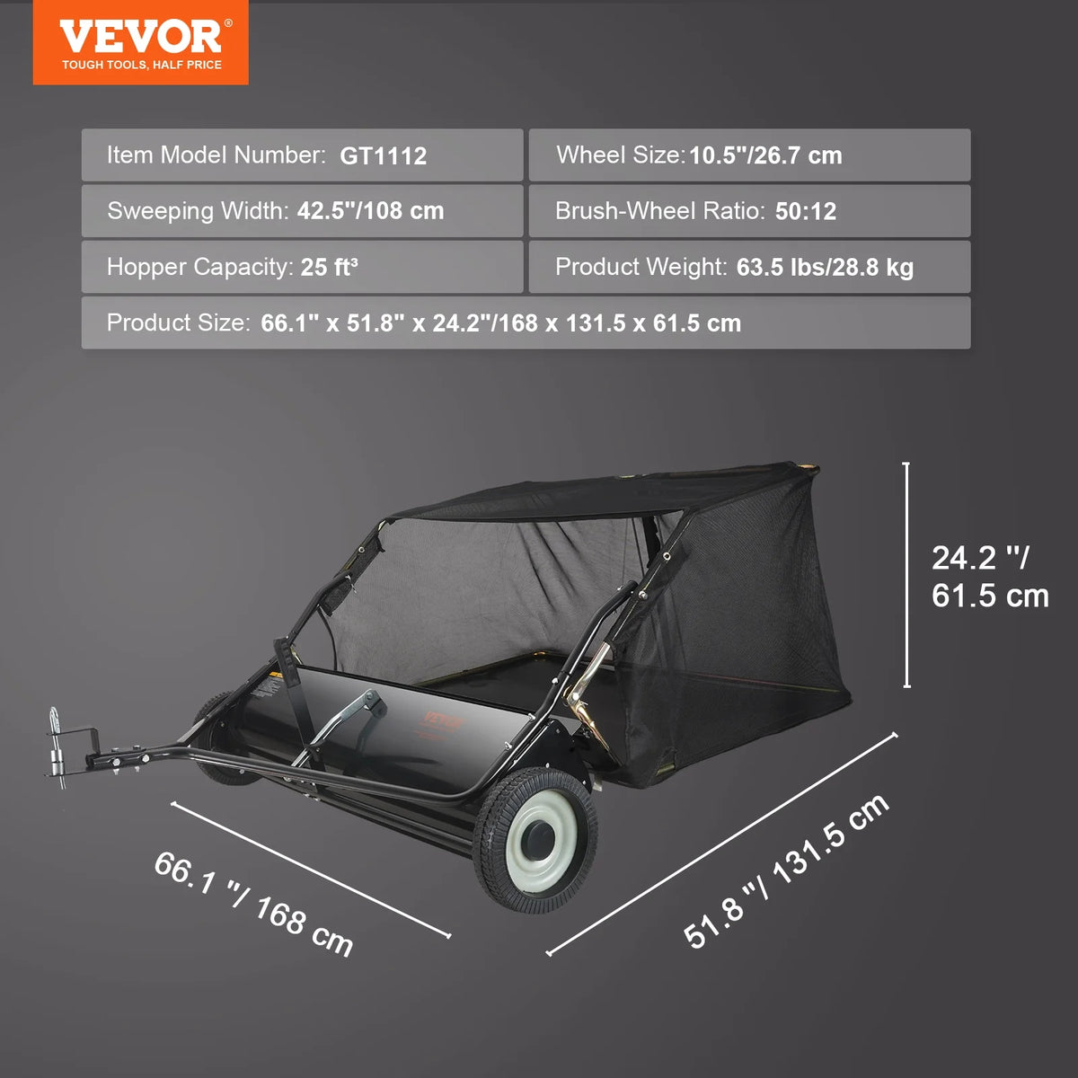 Tow Behind Lawn Sweeper 44 Inch, 25 cu. ft Leaf & Grass Collector E183154