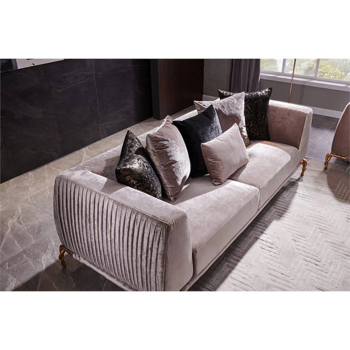 Ivory Velvet 2PC Living Room Set with Wood O456247