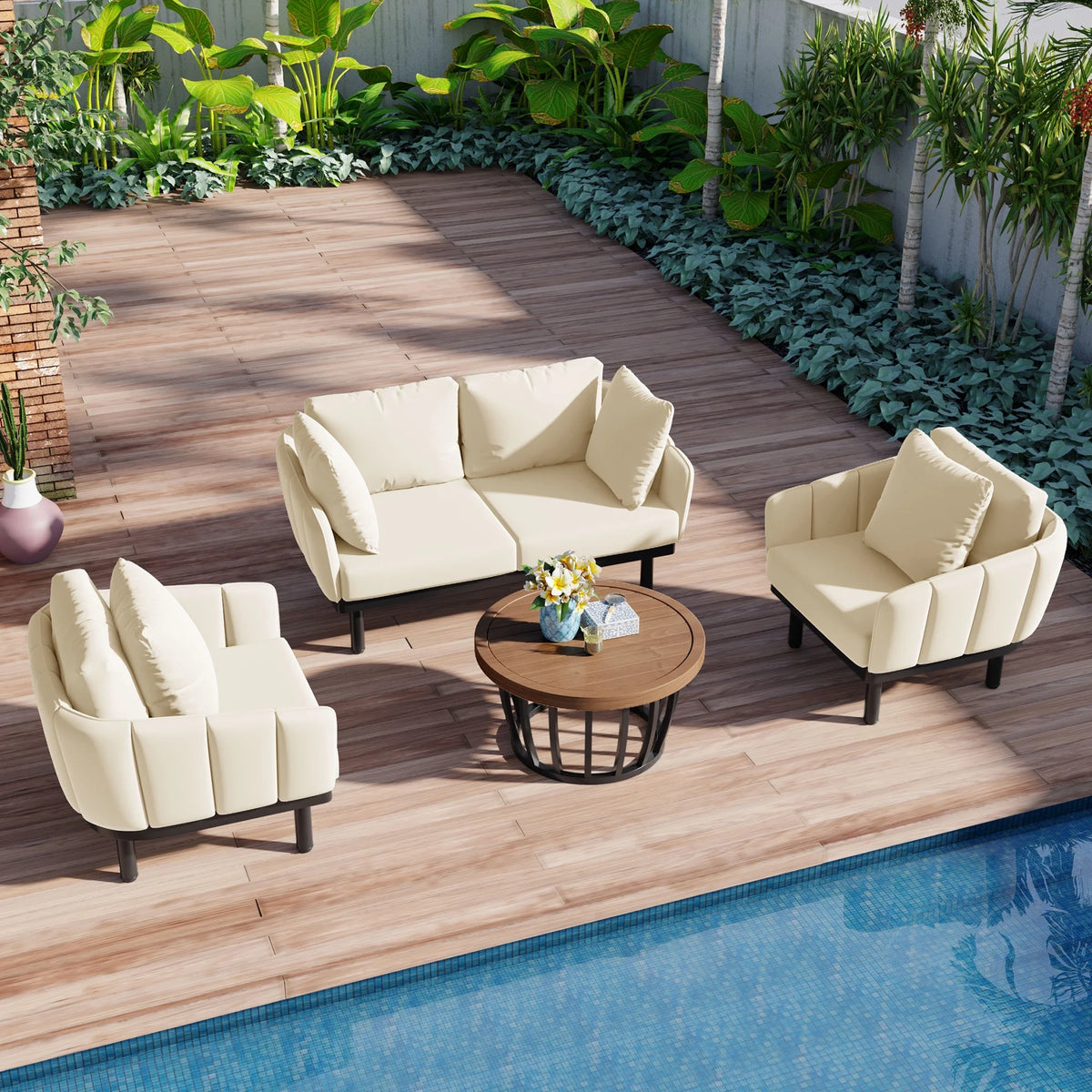 4-Piece Outdoor Sofa Set with Acacia Wood Coffee Table B648
