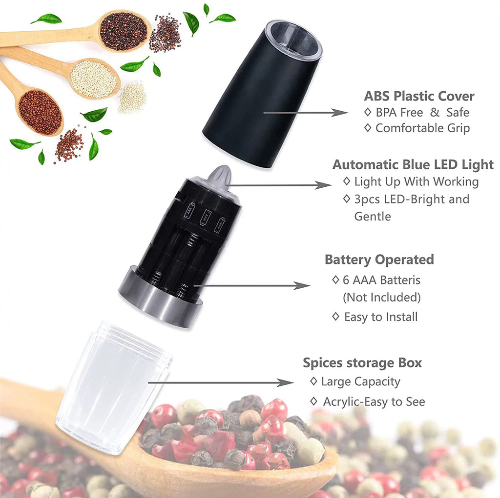 2 Pcs Electric Salt and Pepper Grinder Set Battery Operated Stainless Steel T685