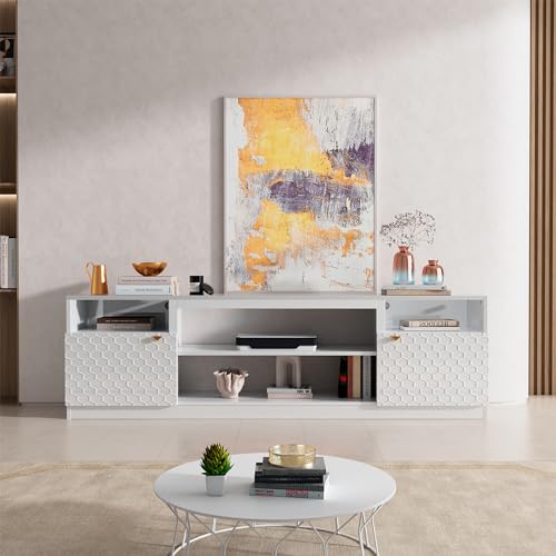70" High Gloss White TV Stand with Two Doors and Storage Cabinets Y106