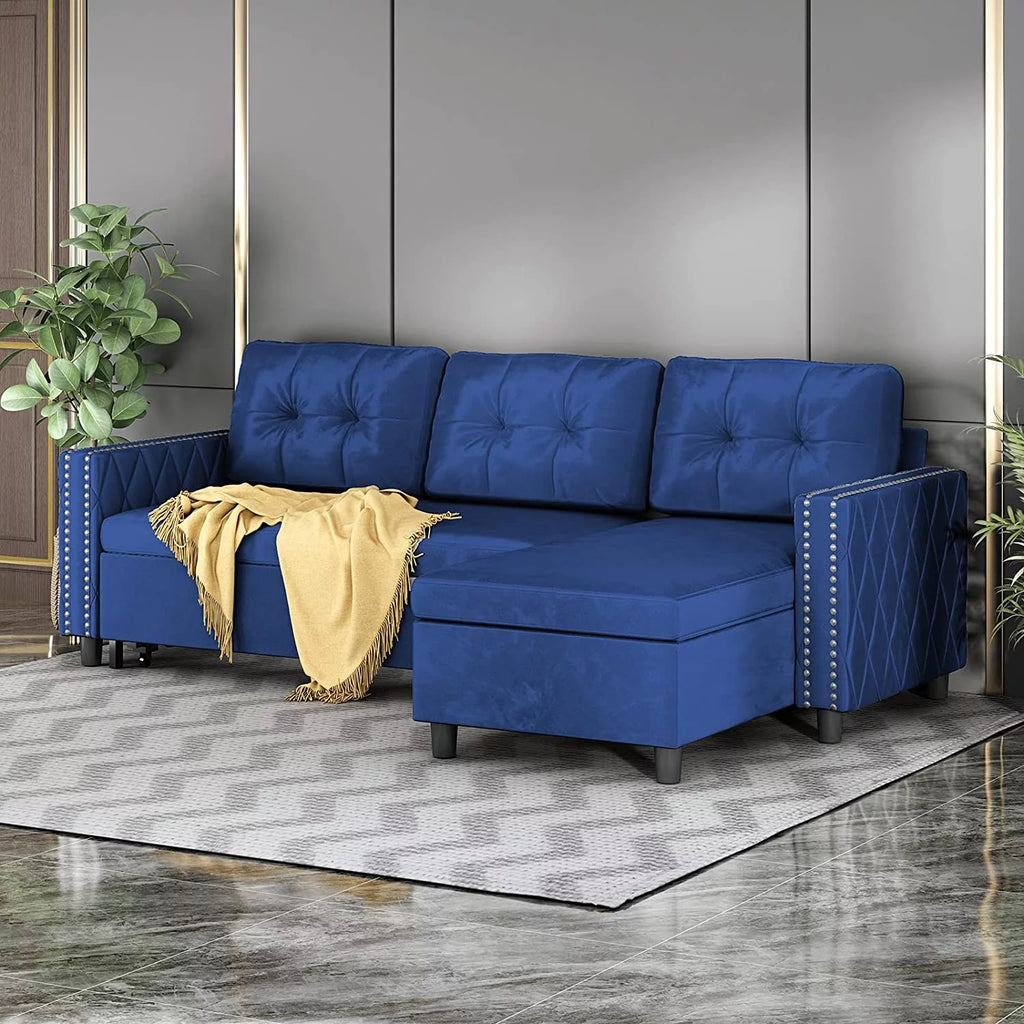 Velvet L-Shape Sleeper Sectional Sofa with Chaise Storage W916