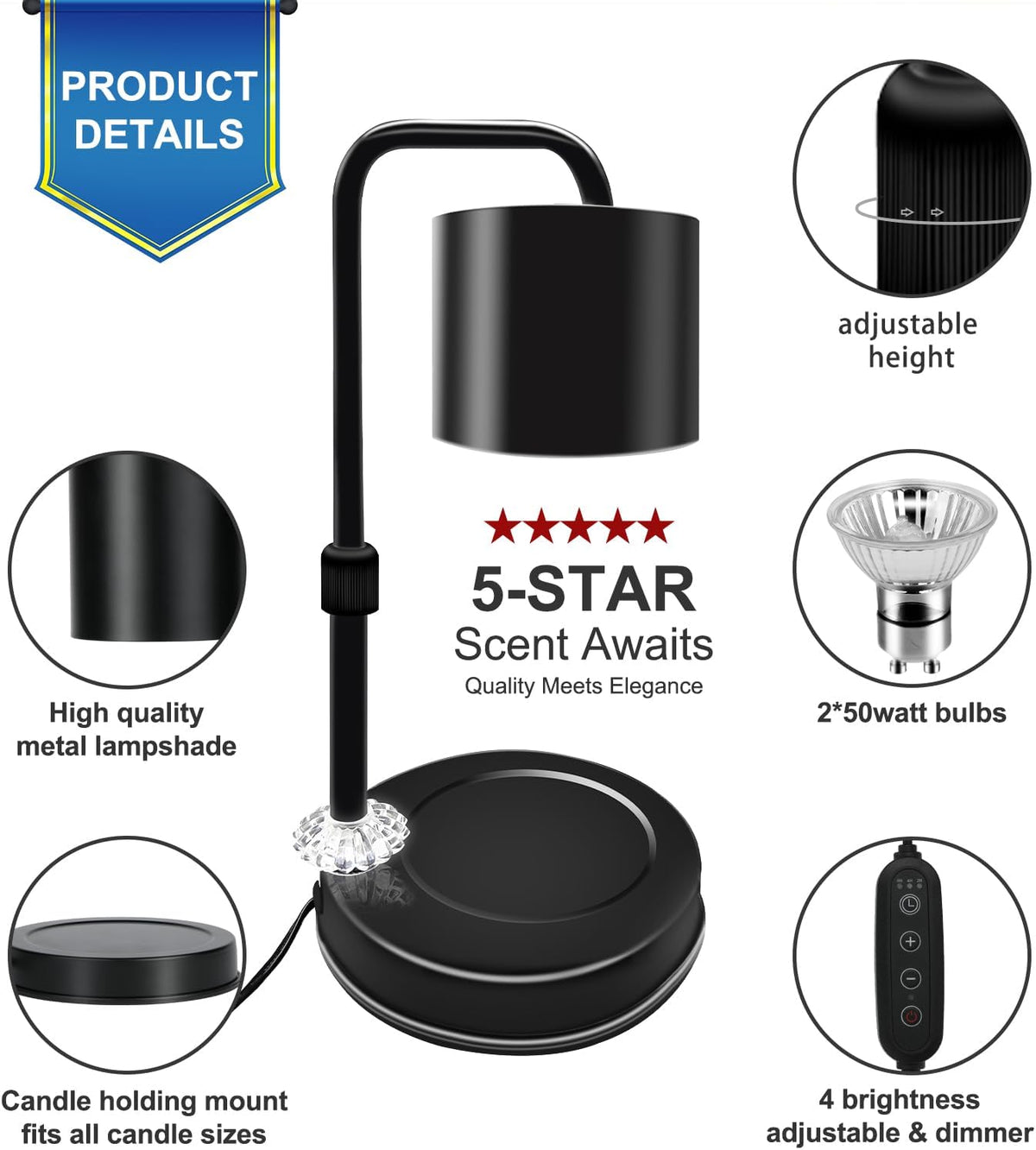 Candle Warmer Lamp with Timer, Adjustable Dimmable, 2 Bulbs I29237