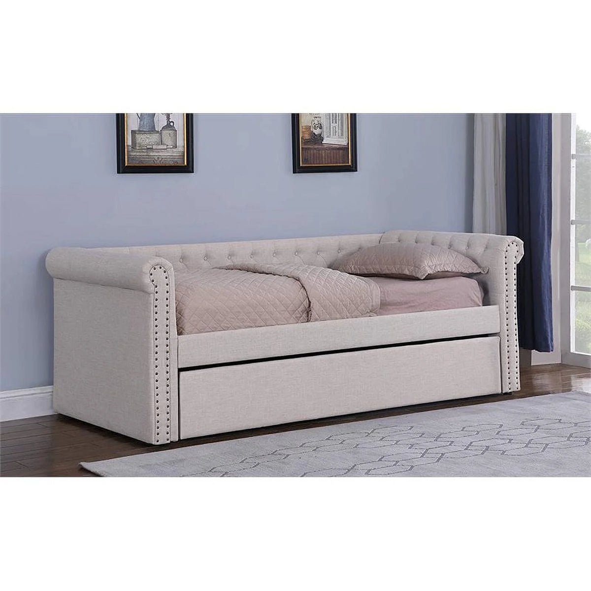 Beige Fabric Tufted Daybed with Trundle L304577