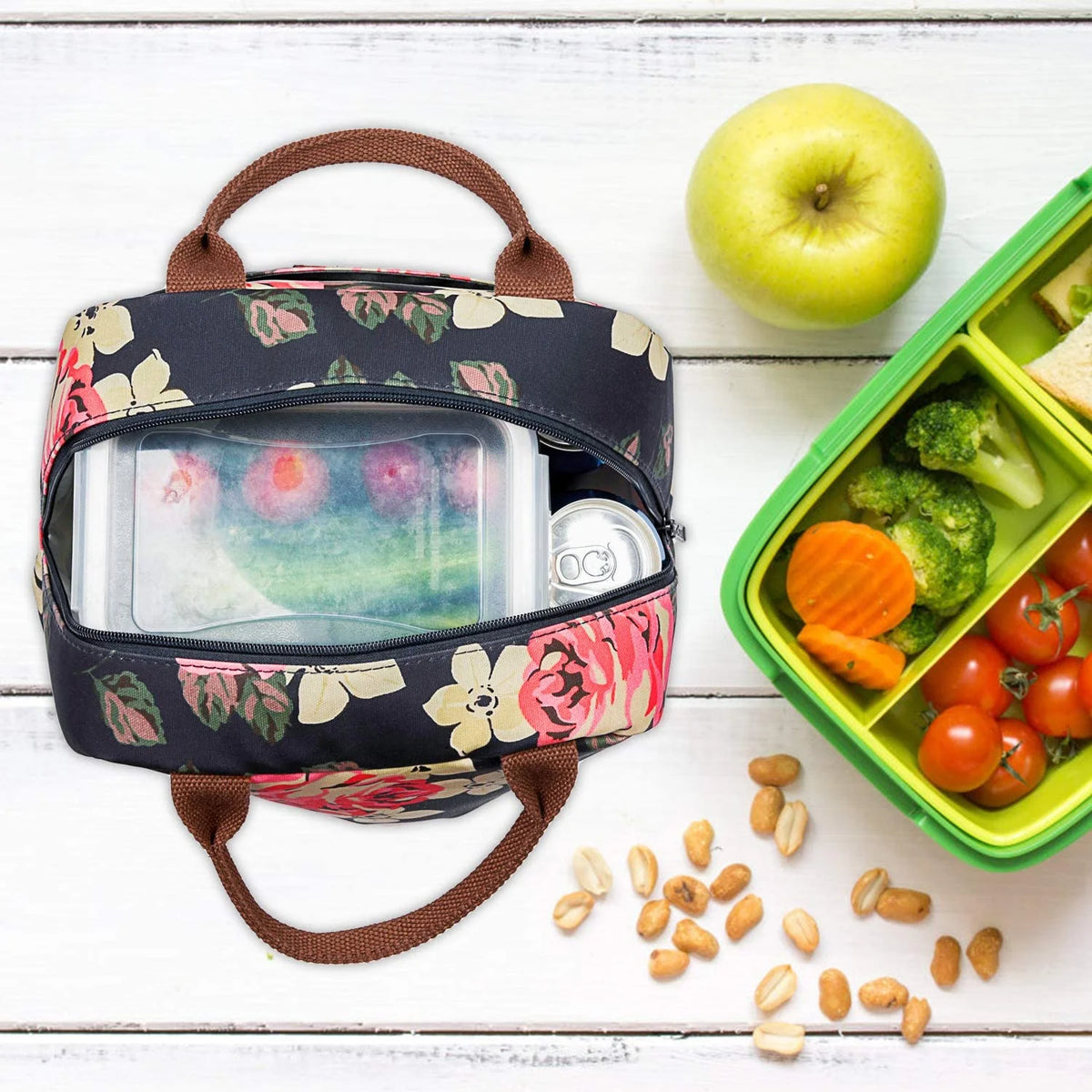 Insulated Lunch Bag Cooler Bag Thermal Lunch Box Water-resistant Tote Bag (Peony) Q329