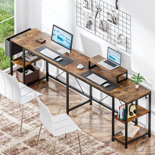 L Shaped Desk with Shelves Monitor Stand Bag Hooks Black Y960334