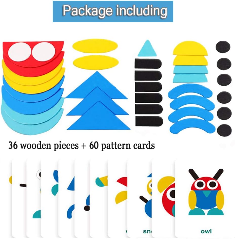 Wooden Pattern Blocks Tangram Animal Jigsaw Puzzle Sorting Stacking Game Preschool Montessori Learning Toys Brain Teaser STEM Gift for 3 4 5 Years Old Toddler Kid (36 Shape Pieces & 60 Pattern Cards) Pack of 2 Z4904