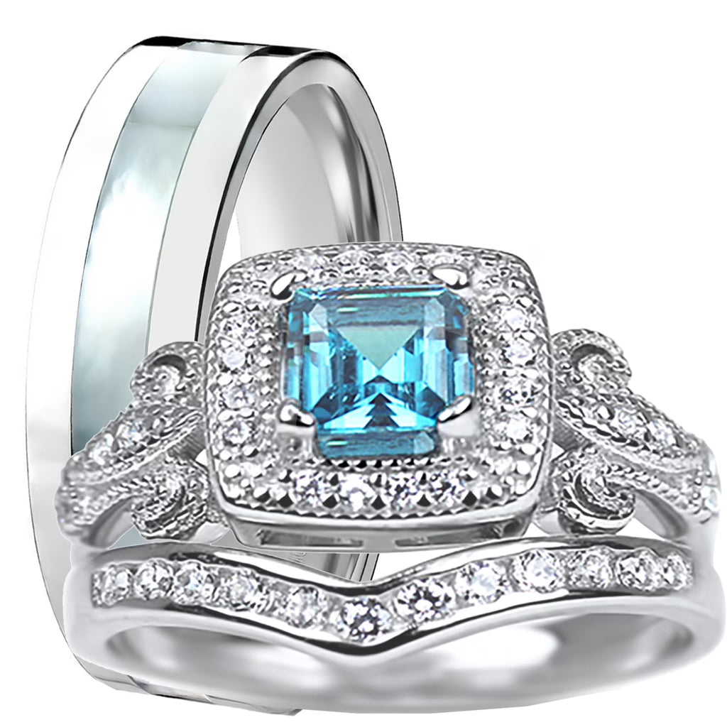 Vintage Blue Topaz Silver Wedding Engagement Ring Set Z793484