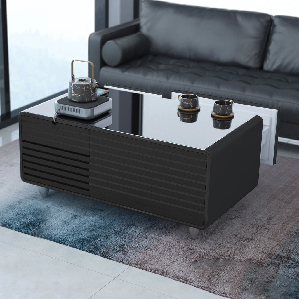 41.5" Smart Coffee Table with Fridge Drawers, Wireless Charging, USB Ports and Outlet, Black O640