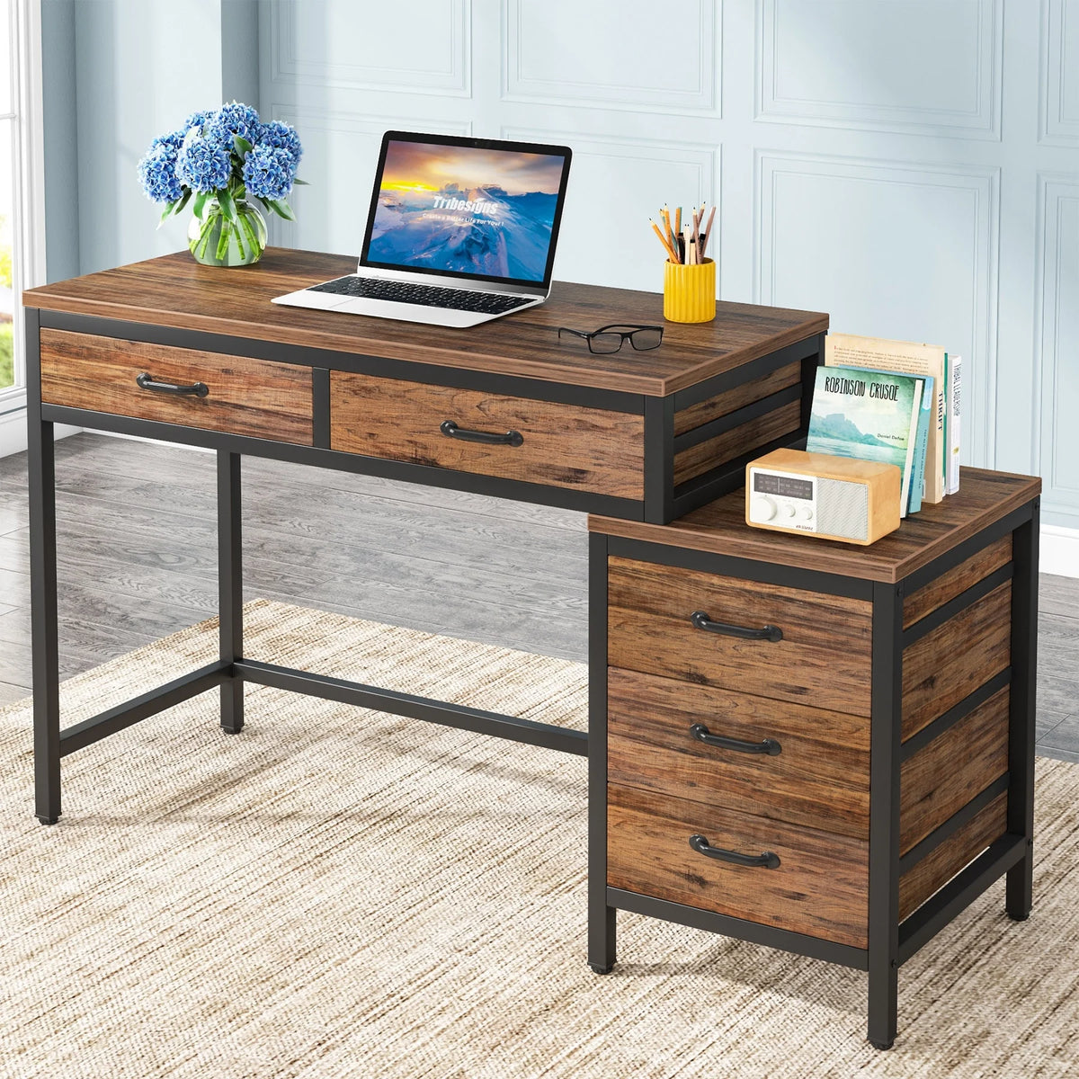 Rustic Brown Reversible Computer Desk with 5 Drawers K559699