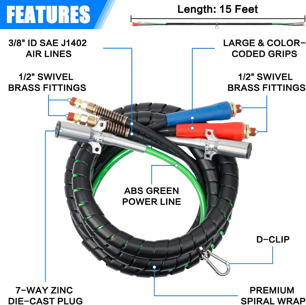 15 FT ABS Air Hose Power Cord Airlines with Glad Hands Y671386