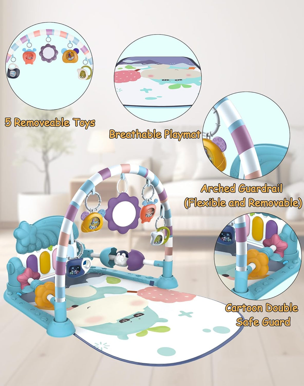 Blue Foldable Tummy Time Play Mat with Piano Gym G92890