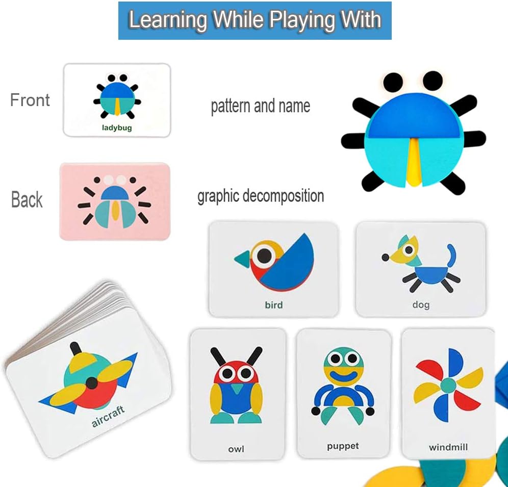Wooden Pattern Blocks Tangram Animal Jigsaw Puzzle Sorting Stacking Game Preschool Montessori Learning Toys Brain Teaser STEM Gift for 3 4 5 Years Old Toddler Kid (36 Shape Pieces & 60 Pattern Cards) Pack of 2 Z4904