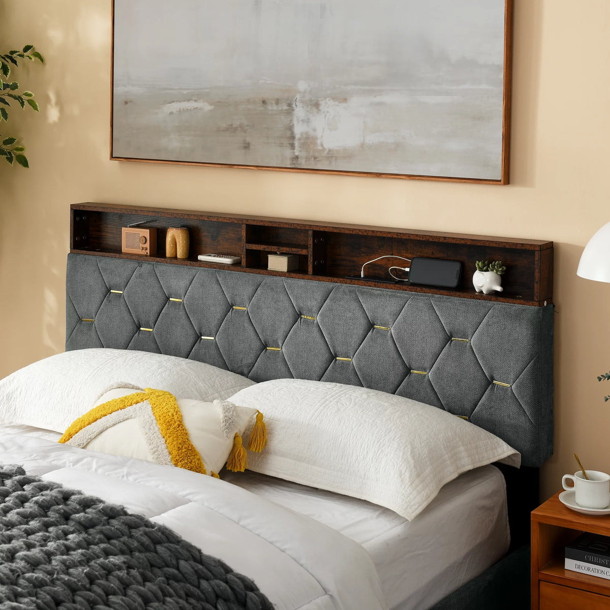 Queen Size Upholstered Platform Bed with Shelf F665702