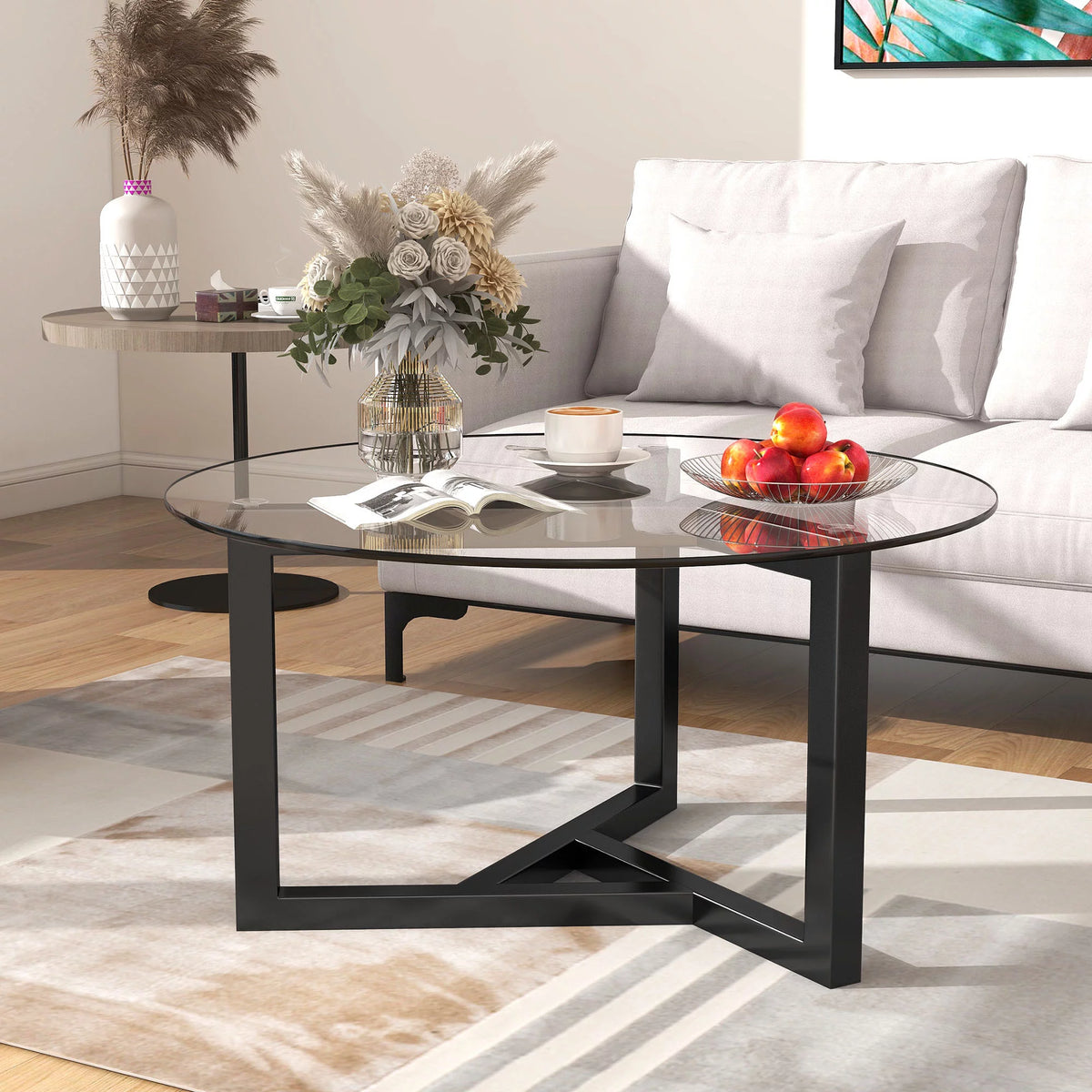 Round Glass Coffee Table with Tempered Glass Top & Wood Base I312