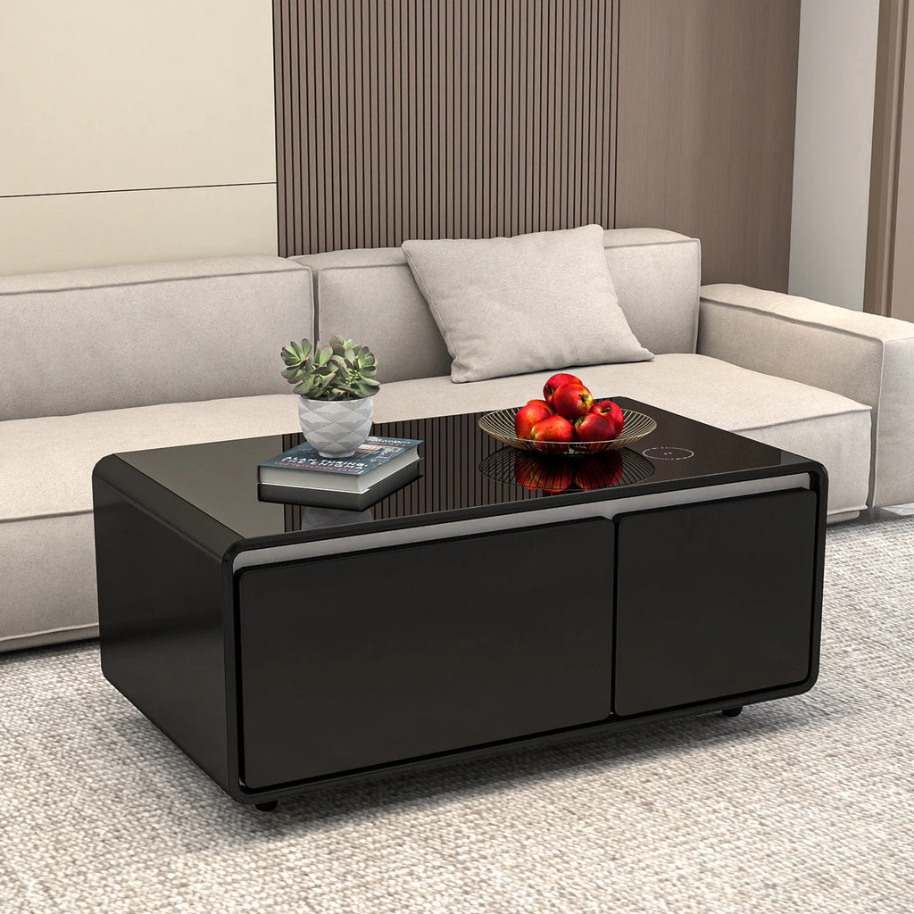 41.5" Smart Coffee Table with Fridge Drawers, Wireless Charging, USB Ports and Outlet, Black O640