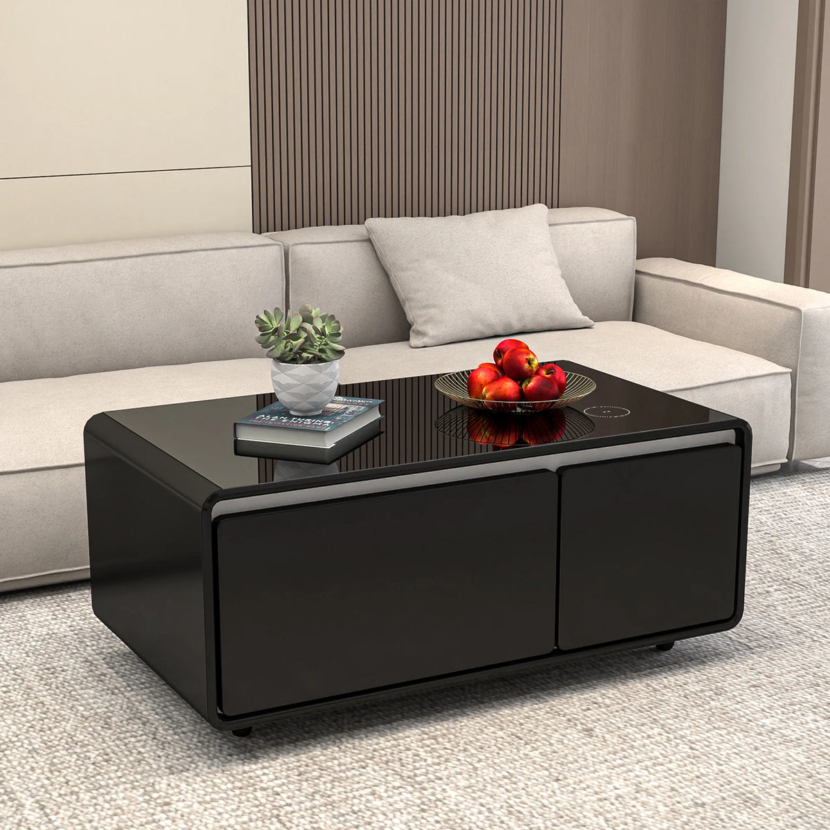 41.5" Smart Coffee Table with Fridge Drawers, Wireless Charging, USB Ports and Outlet, Black O640