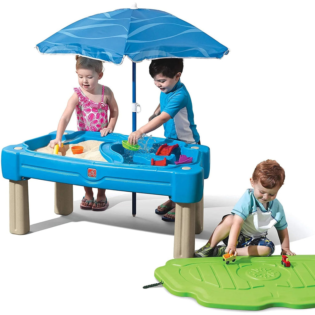 Blue Plastic Sandbox and Water Table with Cover and Umbrella W2165