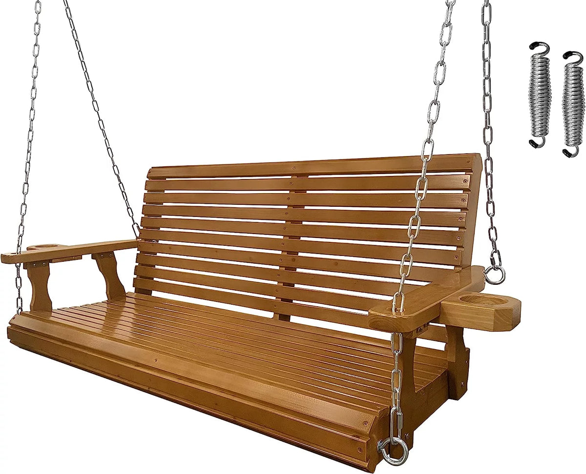Brown 2 Seater Wooden Porch Swing with Cupholders O384055