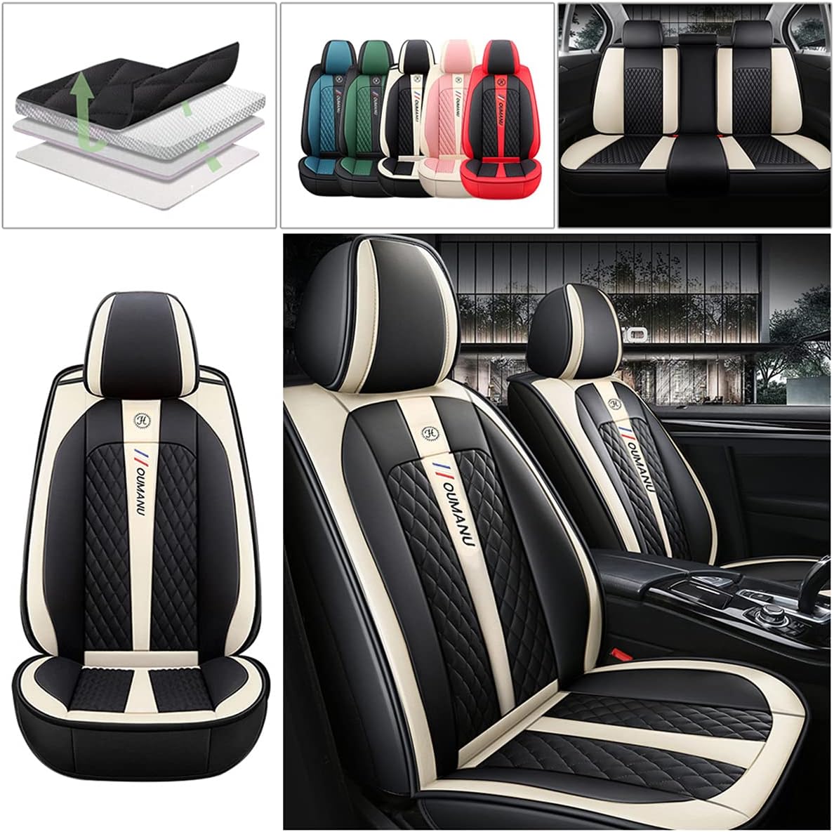 Black & Beige PU Leather Car Seat Covers X8036