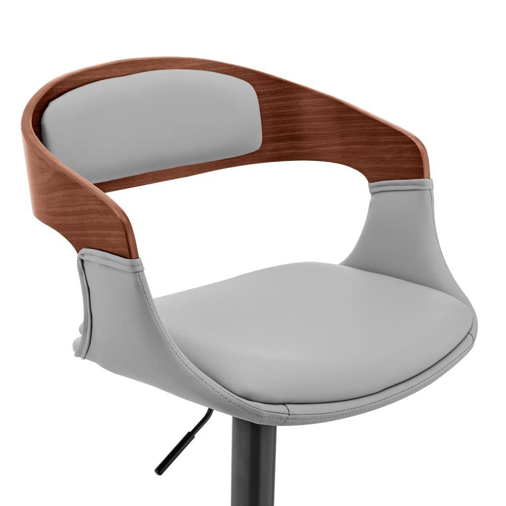 Gray Faux Leather and Walnut Wood Bar Stool with Black Base O10203