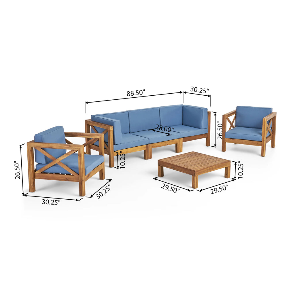 Teak and Blue Acacia Wood 5 Seater Sofa Chat Set O582766