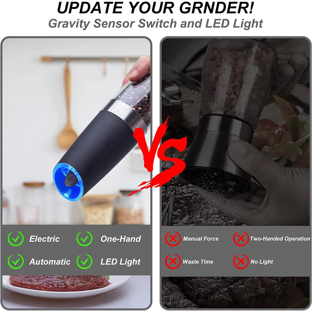 2 Pcs Electric Salt and Pepper Grinder Set Battery Operated Stainless Steel T685
