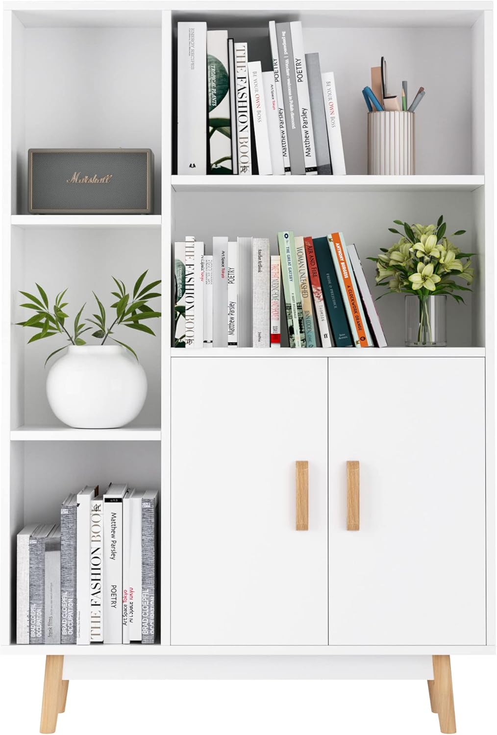 White 2-Tier Bookshelf with 2 Doors 3 Cubes T7537