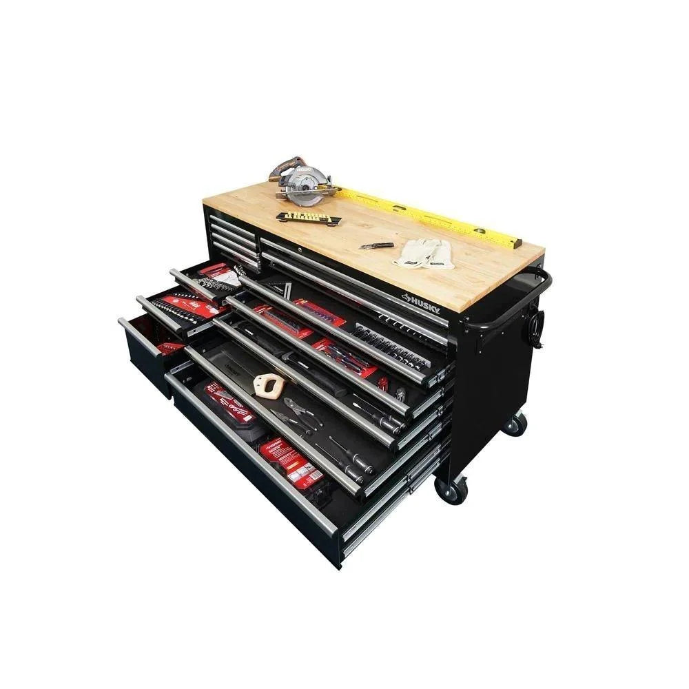 Black 14-Drawer Mobile Workbench with Solid Wood Top F488
