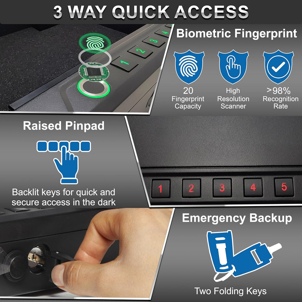 Biometric Gun Safe for Handgun with Fingerprint Reader, PIN Keypad and Folding Key A743