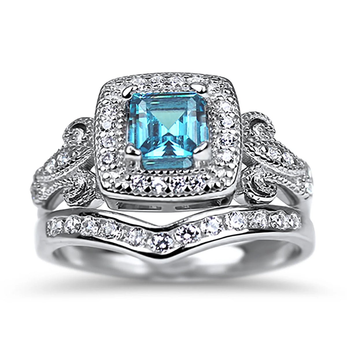 Vintage Blue Topaz Silver Wedding Engagement Ring Set Z793484