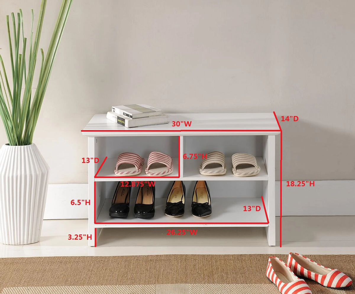 White Wood Shoe Bench with Cubby Storage L330