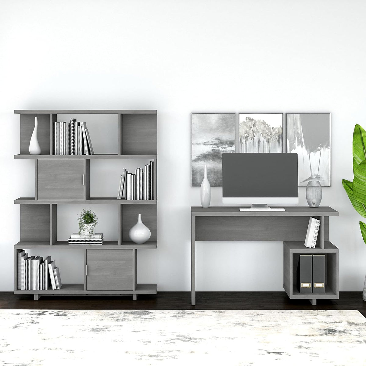 Modern Gray Writing Desk with Etagere Bookcase R65119