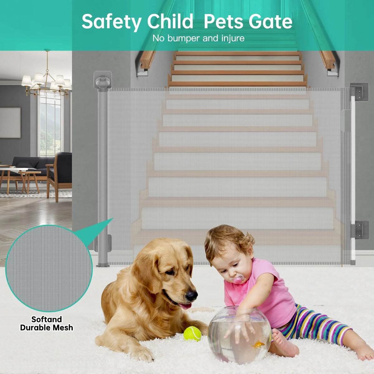 Retractable Baby Gate 33" Tall 63" Wide Gray J1443