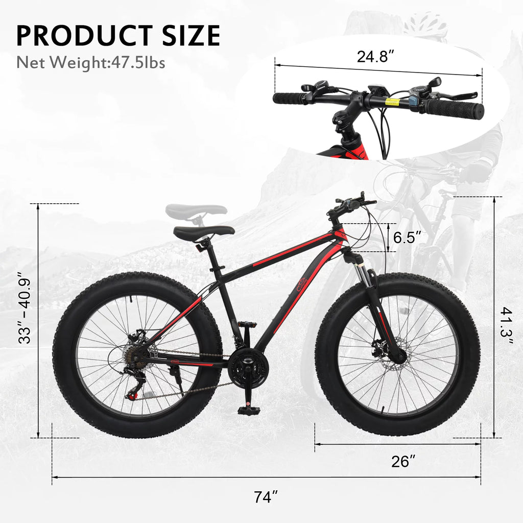 Fat Tire Mountain Bike 21 Speeds High Carbon Steel Red Black M157512