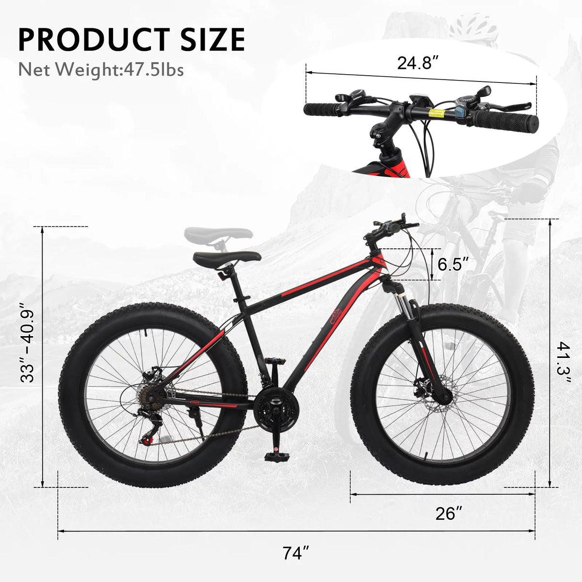 Fat Tire Mountain Bike 21 Speeds High Carbon Steel Red Black M157512