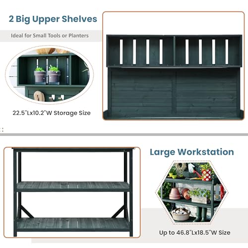 Green Wooden Potting Bench Table with Storage Shelves U86251