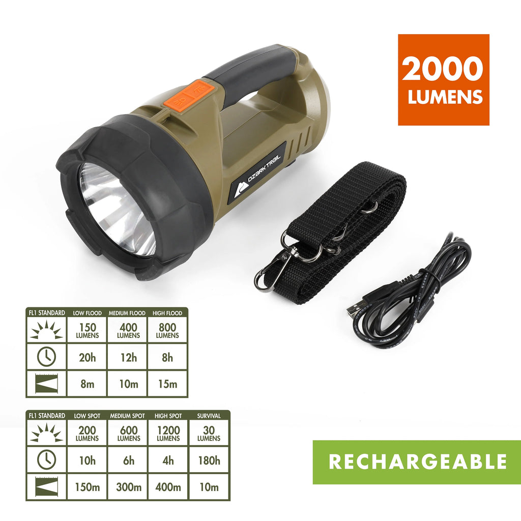 2000 Lumen Dual Source LED Rechargeable Spotlight with 5000 mAh Power Bank, Olive S489