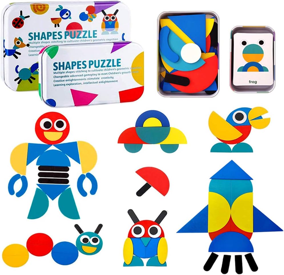 Wooden Pattern Blocks Tangram Animal Jigsaw Puzzle Sorting Stacking Game Preschool Montessori Learning Toys Brain Teaser STEM Gift for 3 4 5 Years Old Toddler Kid (36 Shape Pieces & 60 Pattern Cards) Pack of 2 Z4904