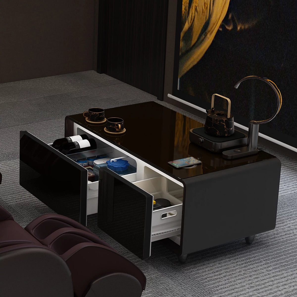 41.5" Smart Coffee Table with Fridge Drawers, Wireless Charging, USB Ports and Outlet, Black O640