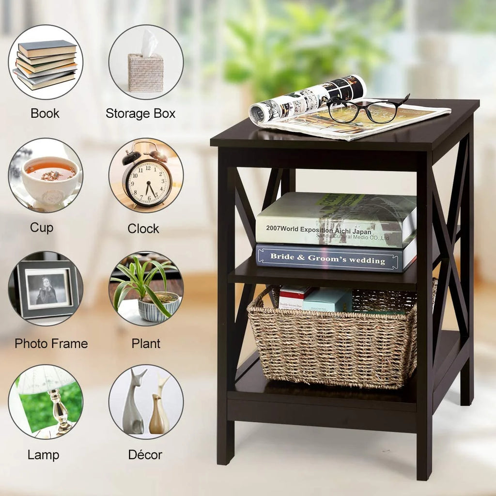 3-Tier Nightstand Set of 2 Wooden Side Table with Storage Shelf Y109