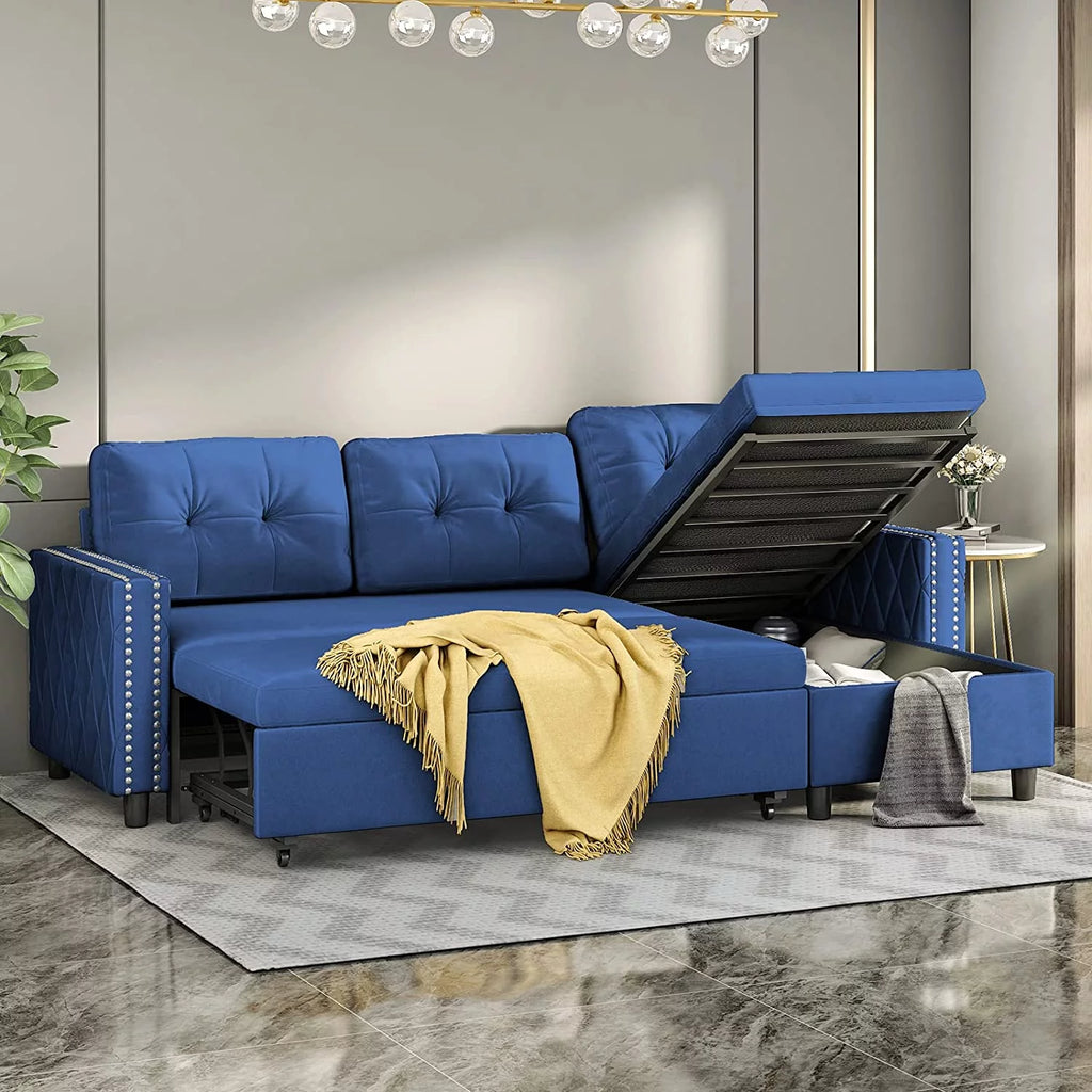 Velvet L-Shape Sleeper Sectional Sofa with Chaise Storage W916