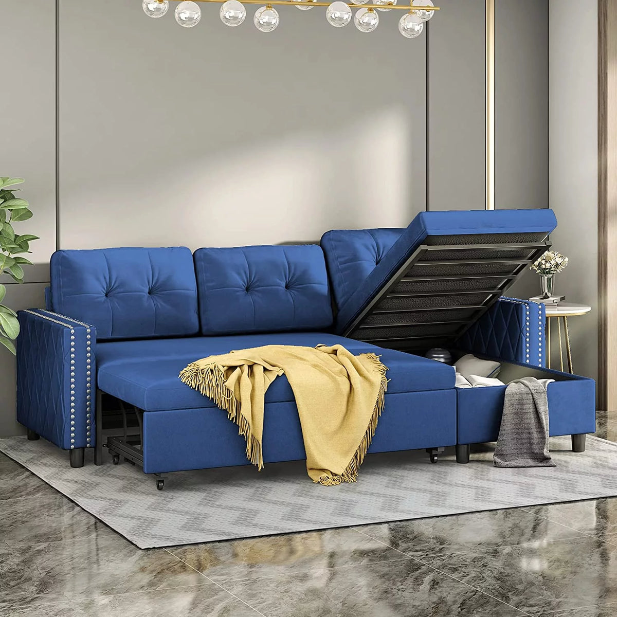 Velvet L-Shape Sleeper Sectional Sofa with Chaise Storage W916