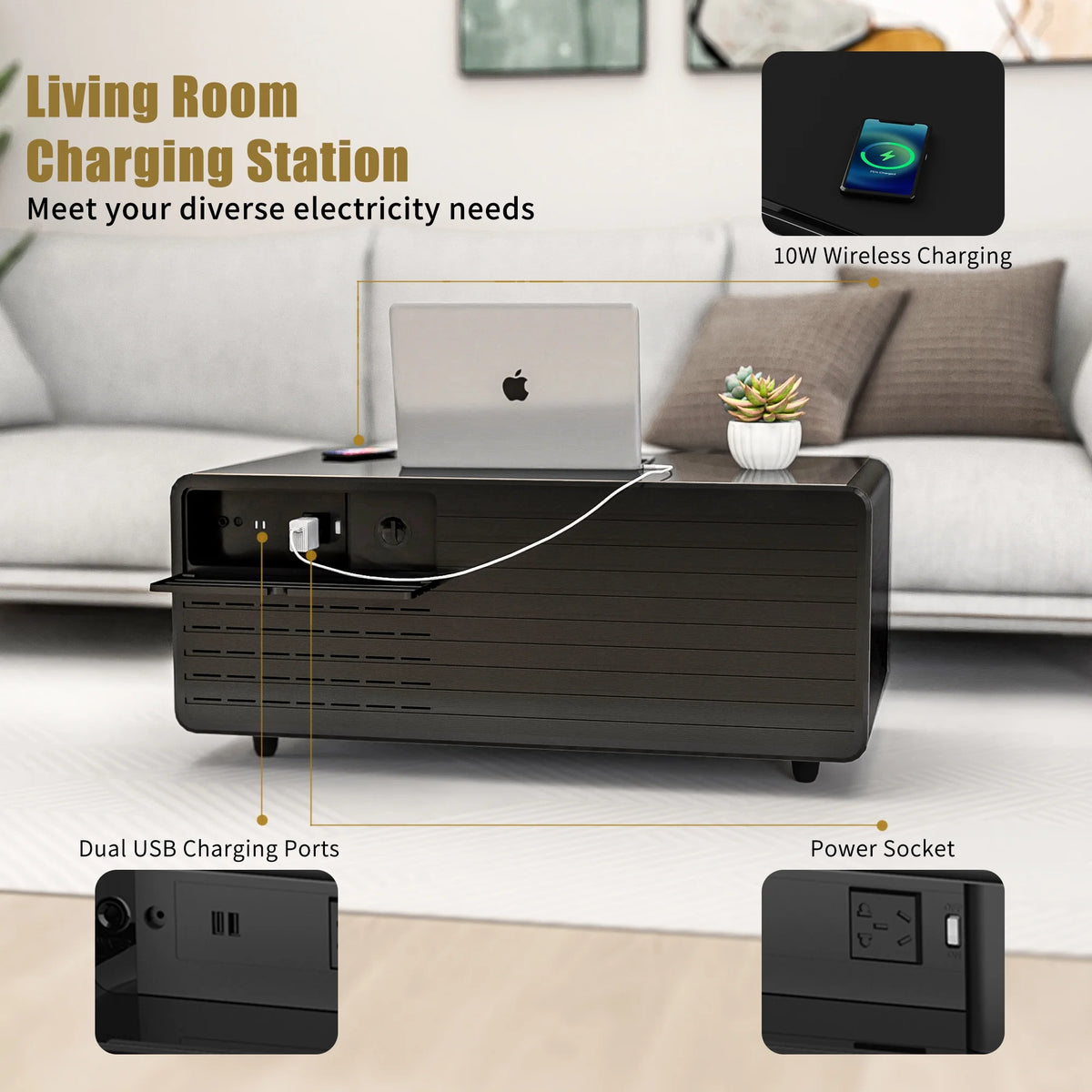 41.5" Smart Coffee Table with Fridge Drawers, Wireless Charging, USB Ports and Outlet, Black O640