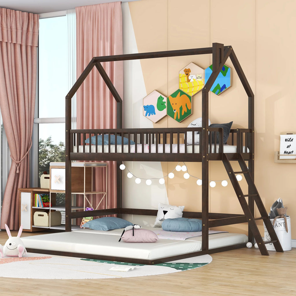 Twin Over Twin House Bunk Bed with Trundle and Roof Z3180