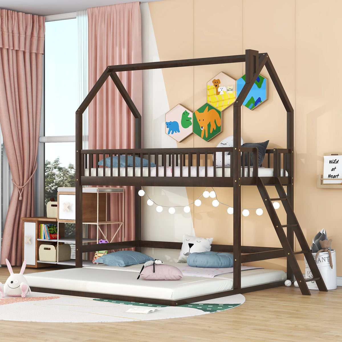 Twin Over Twin House Bunk Bed with Trundle and Roof Z3180